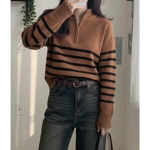 DKNY Brown Black Stripe Mockneck Quarter Zip Sweater Size Large